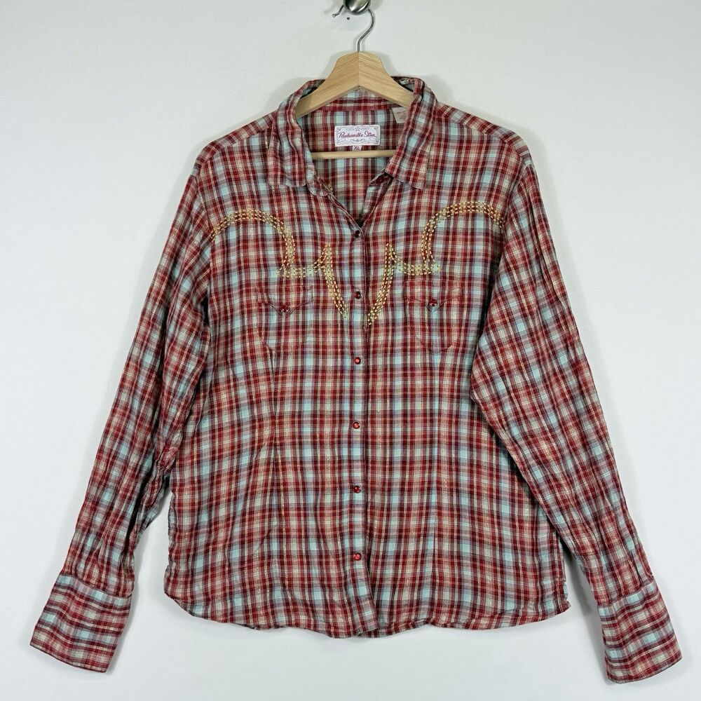 Panhandle Slim Red Gold Metallic Plaid Western Pearl Snap Shirt Top Women's XL‎